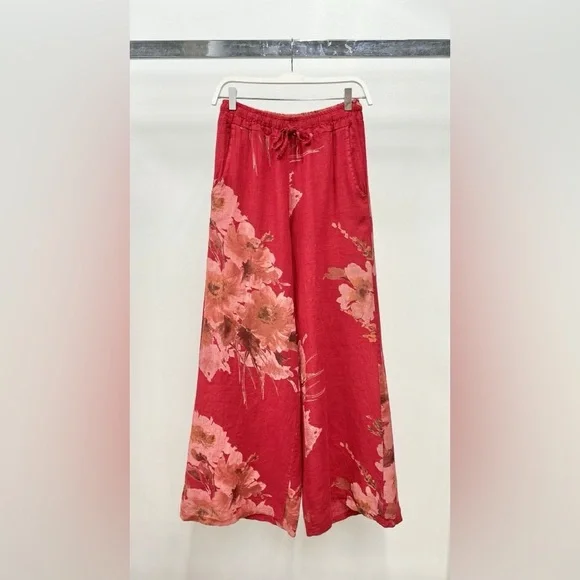 (12-03-MAGNOLIA-RED) MAGNOLIA FLOWERS PRINT LINEN WIDE LEG PANTS - Picture 1 of 6